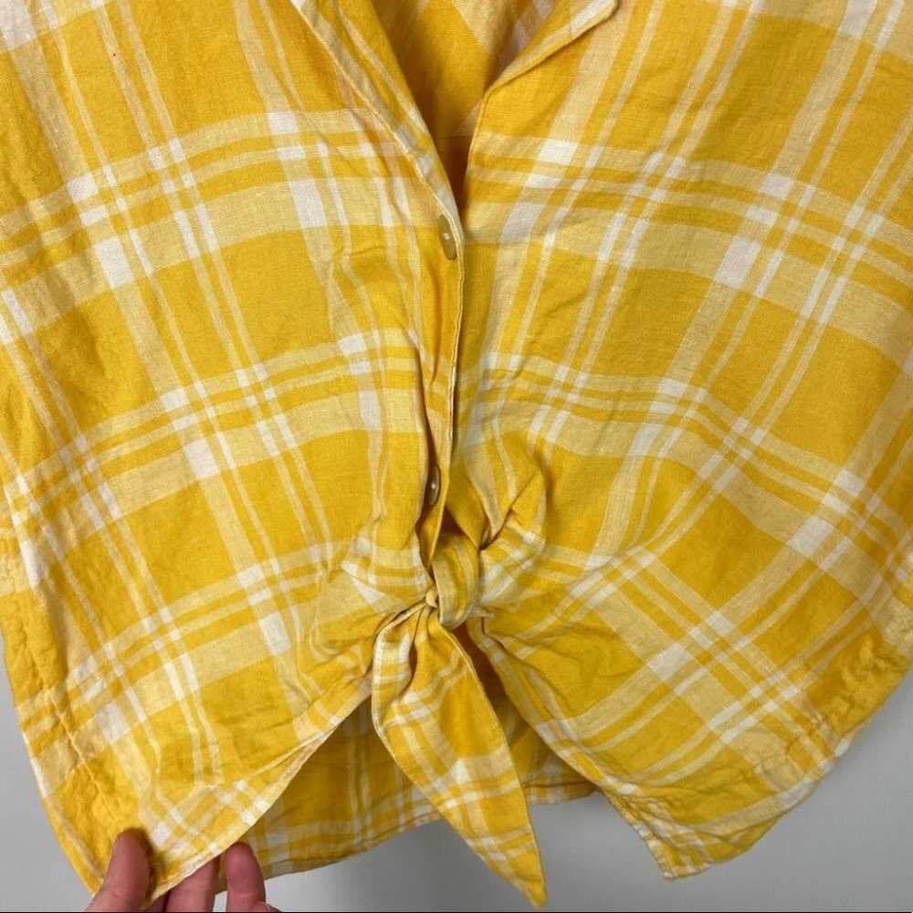 Aritzia Linen Wilfred Free Yellow Plaid Tie Front Short‎ Sleeve Button Down Top - Picture 6 of 10